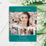 Guest book birthda teal green photo collage<br><div class="desc">Create your own unique photo collage. Use four,  4 of your favourite photo.   Personalise and a name and age/dates. A teal,  green background colour,  white text.</div>