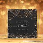 Guest book birthday black gold glitter monogram<br><div class="desc">A guestbook for a feminine and glamourous 21st (or any age) birthday party.  A stylish black background with faux gold glitter dust and light strings. Add your name,  age 21/text.</div>