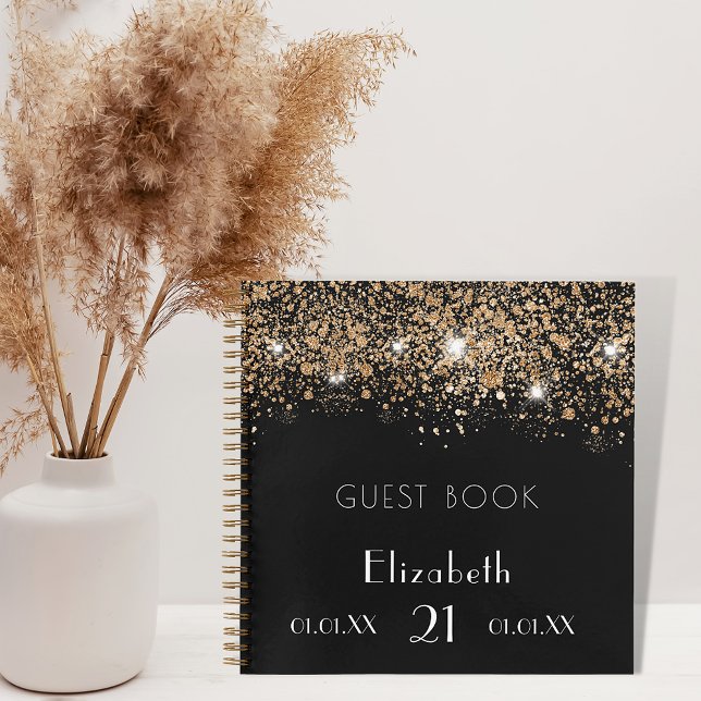 Guest book birthday black gold glitter monogram (Creator Uploaded)