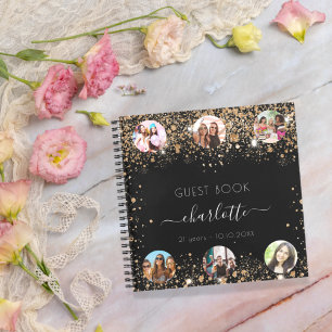 Guest book birthday black gold glitter name photo