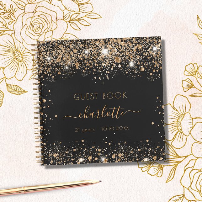 Guest book birthday black gold glitter name script (Creator Uploaded)