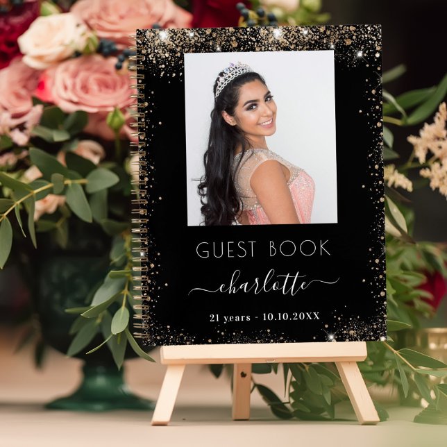 Guest book birthday black gold glitter photo (Creator Uploaded)