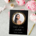 Guest book birthday black gold photo<br><div class="desc">A guest book for a feminine and glamourous 21st (or any age) birthday party.  A stylish black background with faux gold photo frame.  Add your name,  age 21,  date and a photo.</div>