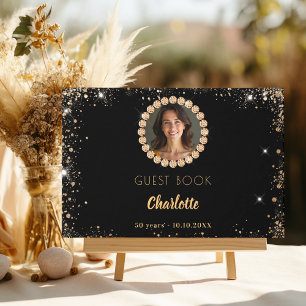 Guest book birthday black gold photo diamonds