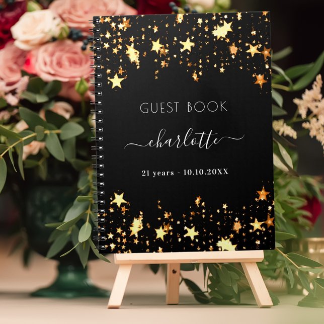 Guest book birthday black gold stars name (Creator Uploaded)