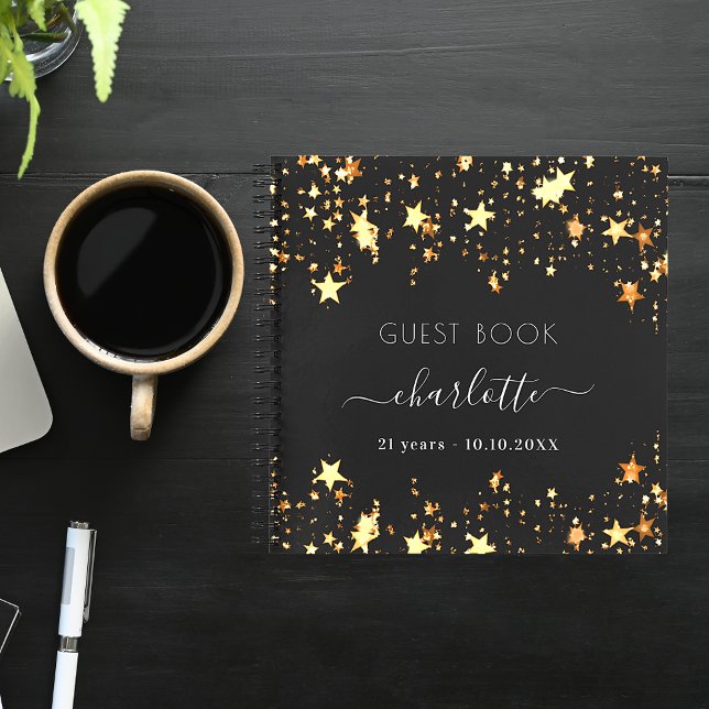 Guest book birthday black gold stars name (Creator Uploaded)