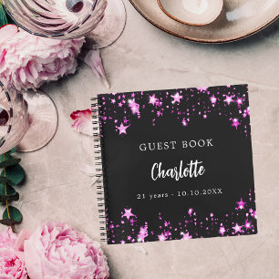 Guest book birthday black pink stars name