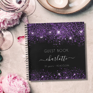 Guest book birthday black purple glitter