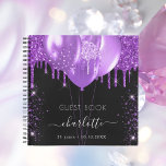 Guest book birthday black purple glitter name<br><div class="desc">A stylish black background with purple faux glitter drips and dust. Decorated with purple balloons. Personalise and add a name, age and a date. The name is written with a modern hand lettered style script with swashes. To keep the swashes only delete the sample name, leave the spaces or emoji's...</div>
