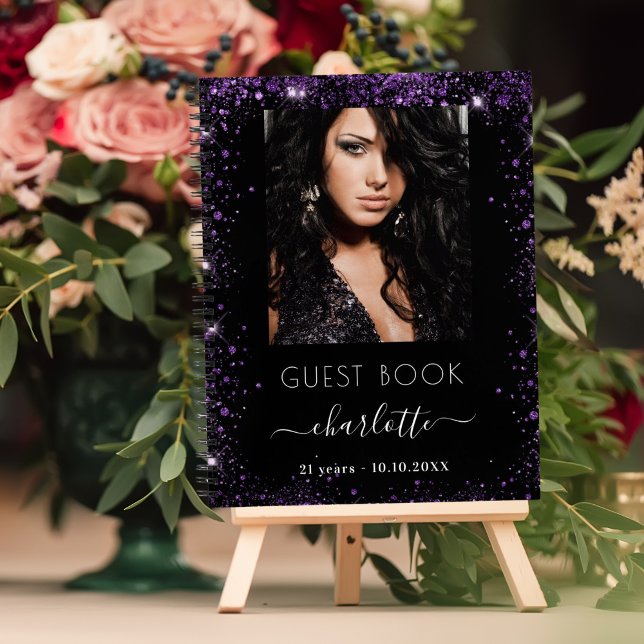Guest book birthday black purple photo (Creator Uploaded)