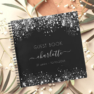 Guest book birthday black silver glitter monogram