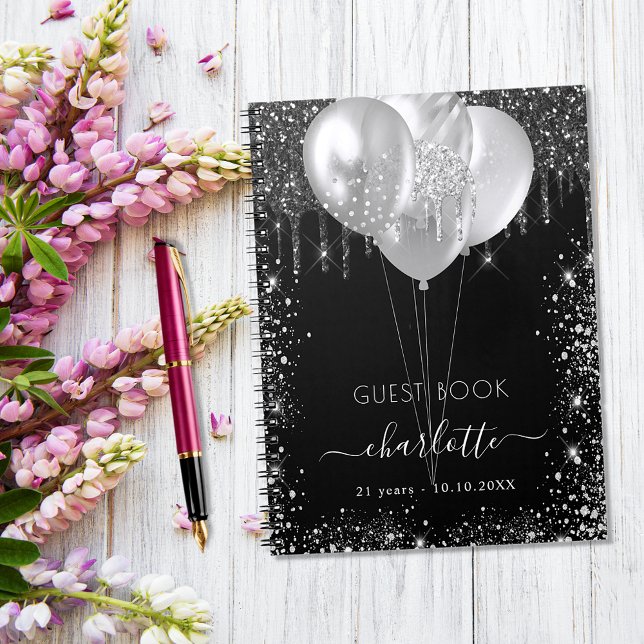 Guest book birthday black silver glitter name (Creator Uploaded)