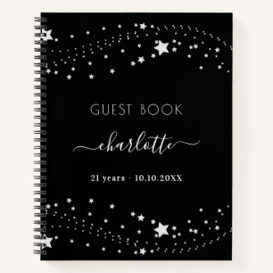 Guest book birthday black silver stars name
