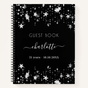 Guest book birthday black silver stars name