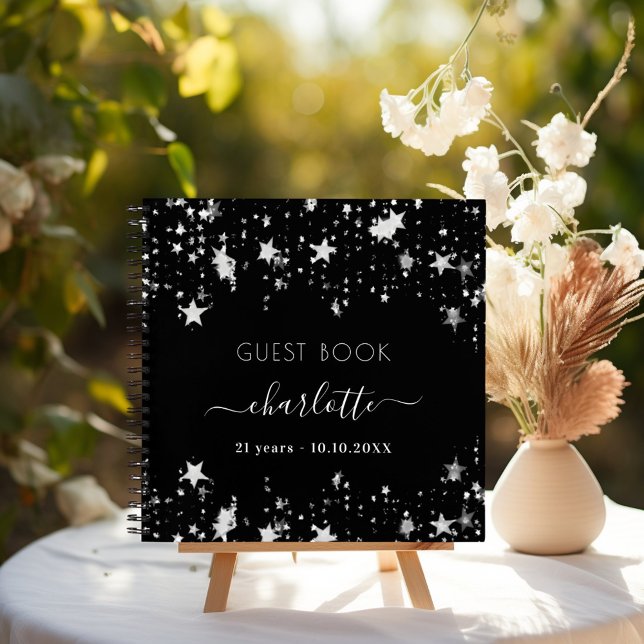 Guest book birthday black silver stars name (Creator Uploaded)