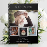 Guest book birthday black white photo collage<br><div class="desc">Create your own unique photo collage. Use four,  4 of your favourite photo.   Personalise and a name and age/dates. Black background,  white text.  For both him and her.</div>