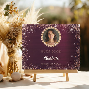 Guest book birthday burgundy photo diamonds
