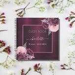 Guest book birthday burgundy pink florals<br><div class="desc">Burgundy background decorated with burgundy and blush pink florals,  flowers,  faux silver foliage. Personalise and your name and date.</div>