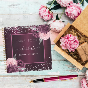 Guest book birthday burgundy silver floral