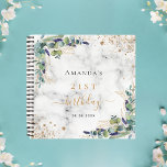 Guest book birthday marble eucalyptus greenery<br><div class="desc">Marble stone print as background. Decorated with eucalyptus greenery,  golden foliage and faux gold glitter dust.  Add a name,  age and a date.</div>