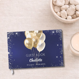 Guest book birthday navy blue gold balloons