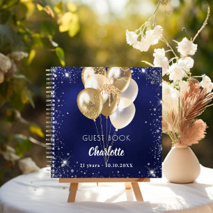 Guest book birthday navy blue gold balloons
