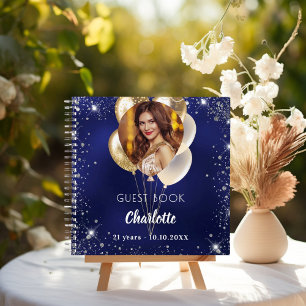 Guest book birthday navy blue gold photo balloons