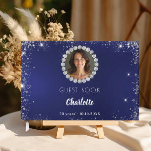 Guest book birthday navy blue photo diamonds