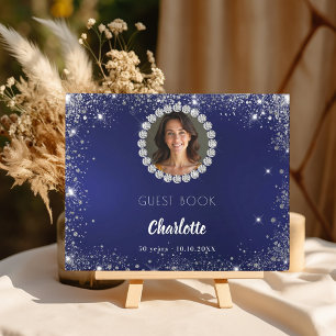 Guest book birthday navy blue photo diamonds