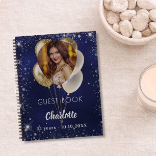 Guest book birthday navy blue photo gold balloons