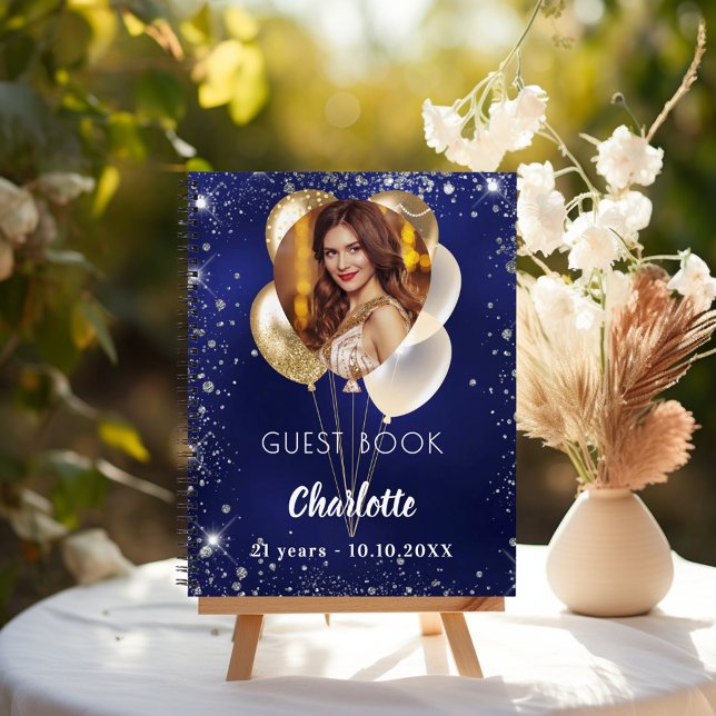 Guest book birthday navy blue photo gold balloons (Creator Uploaded)