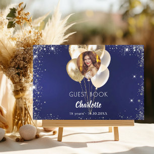 Guest book birthday navy blue photo gold balloons