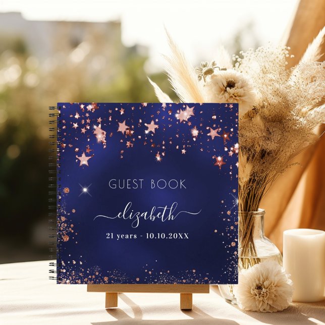 Guest book birthday navy blue rose gold stars name (Creator Uploaded)