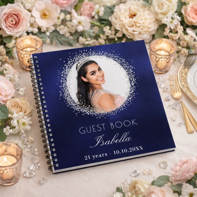 Guest book birthday navy blue silver glitter photo (Creator Uploaded)
