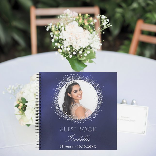 Guest book birthday navy blue silver glitter photo (Creator Uploaded)