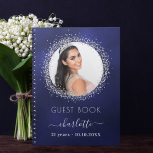 Guest book birthday navy blue silver glitter photo