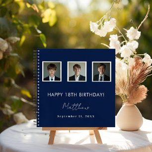 Guest book birthday navy blue white photo name