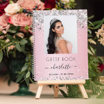 Guest book birthday pink silver photo<br><div class="desc">A guest book for a feminine and glamourous 21st (or any age) birthday party.  A girly pink gradient background. Decorated with faux silver confetti. Add your name,  age 21,  date and a photo.</div>