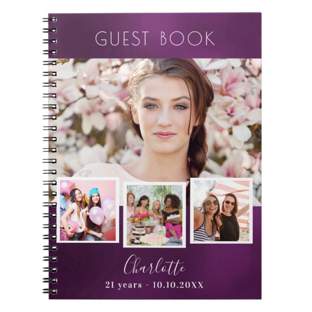 Guest book birthday purple photo collage (Front)