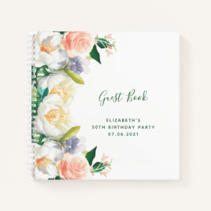 Guest book Birthday rose gold florals white