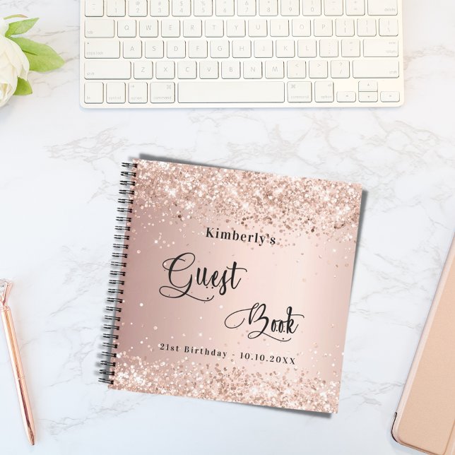 Guest book birthday rose gold glitter name script (Creator Uploaded)