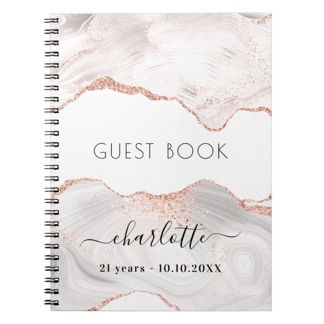Guest book birthday rose gold marble agate (Front)