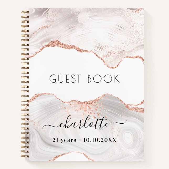 Guest book birthday rose gold marble agate (Front)