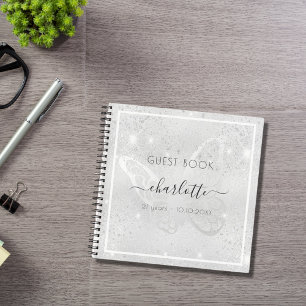 Guest book birthday silver butterfly glitter