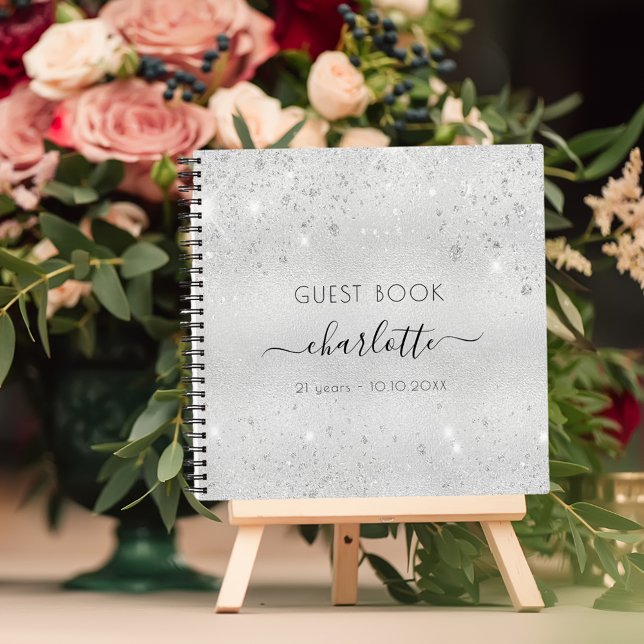 Guest book birthday silver glitter metal monogram (Creator Uploaded)