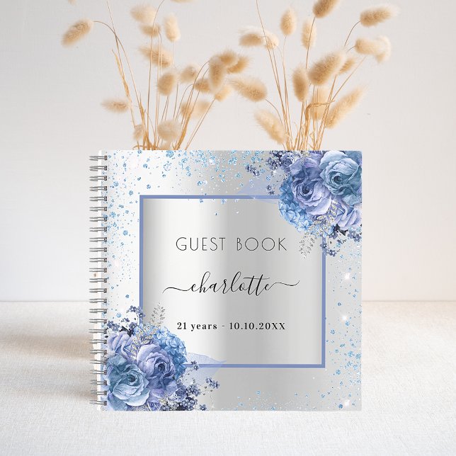 Guest book birthday silver navy blue florals (Creator Uploaded)