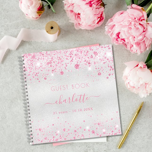 Guest book birthday silver pink glitter monogram (Creator Uploaded)