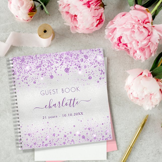 Guest book birthday silver purple glitter monogram (Creator Uploaded)