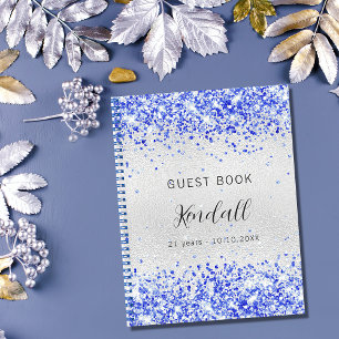 Guest book birthday silver royal blue glitter
