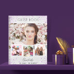 Guest book birthday silver violet photo collage<br><div class="desc">Create your own unique photo collage. Use four,  4 of your favourite photo.   Personalise and a name and age/dates. A faux silver looking background,  black text.  Decorated with violet,  lavender coloured faux glitter,  sparkles.</div>